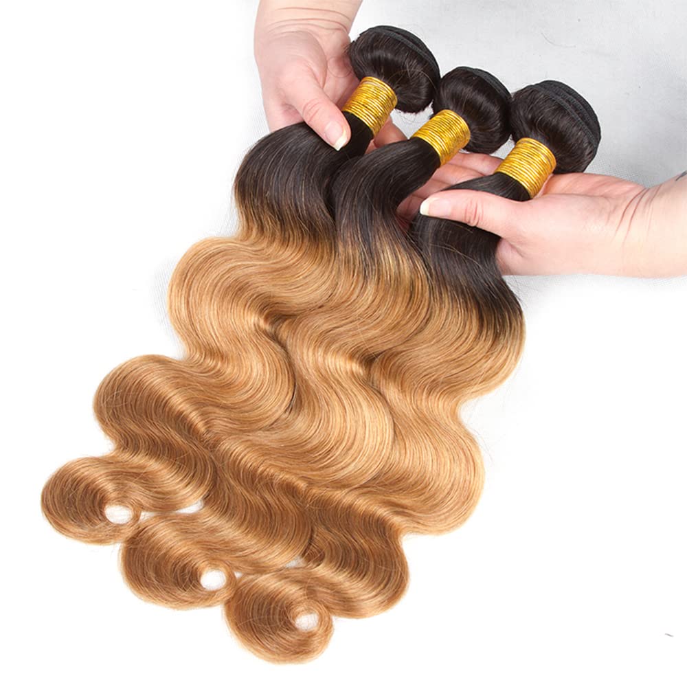 Atikual 1b/27 Human Hair Bundles Ombre Blonde Body Wave Bundle Brazilian Virgin Remy Hair 3 Bundles Double Weft Hair Weave