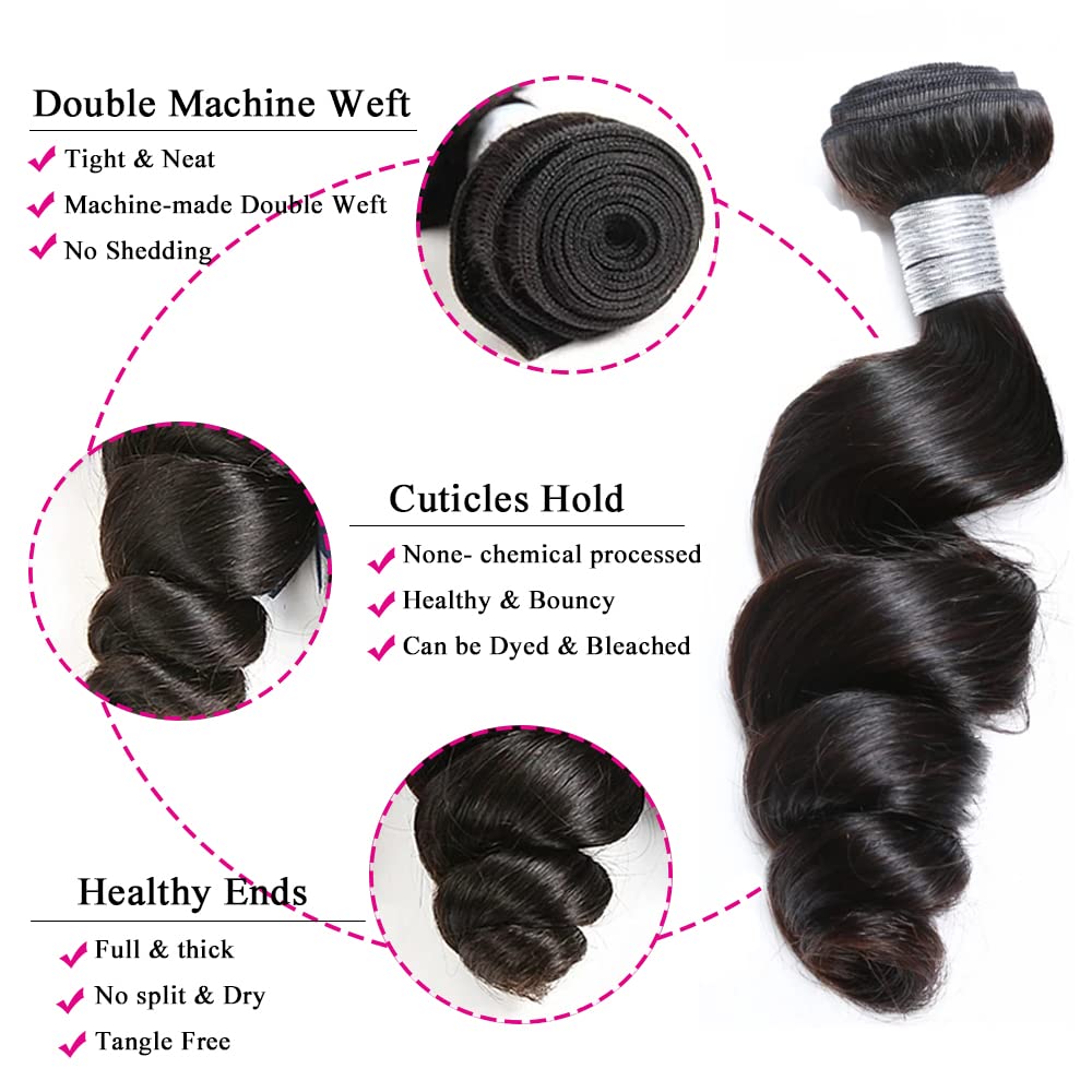 Atikual Loose Wave Bundles with Closure Brazilian Human Hair Unprocessed 3 Bundles with 4x4 Lace Closure Natural Black