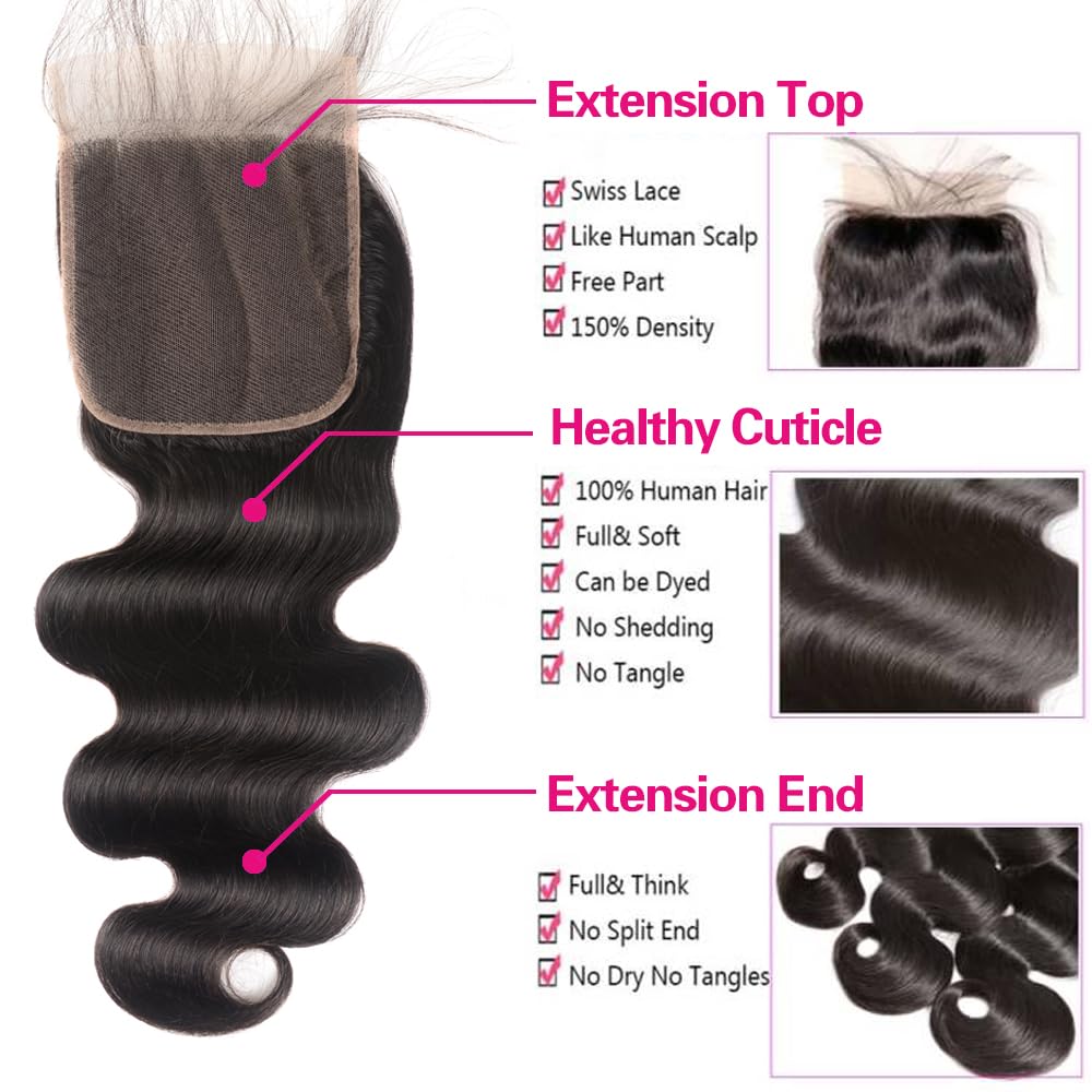 Atikual Brazilian Body Wave Hair 3 Bundles With 4x4 Lace Closure High Quality Brazilian Virgin Hair Human Hair Bundles With Closure