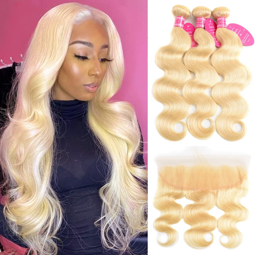 Atikual Hair Brazilian Blonde Bundle Hair With 13x4 Lace Frontal 613 Color Blonde Body Wave 3 Bundles with Frontal Human Hair
