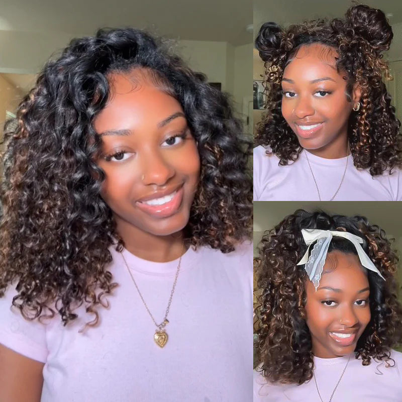 Atikual Wear Go Half Wig 1B/30 Highlight Kinky Curly Half Wig InvisiFit Strap Flip Over Wig Human Hair