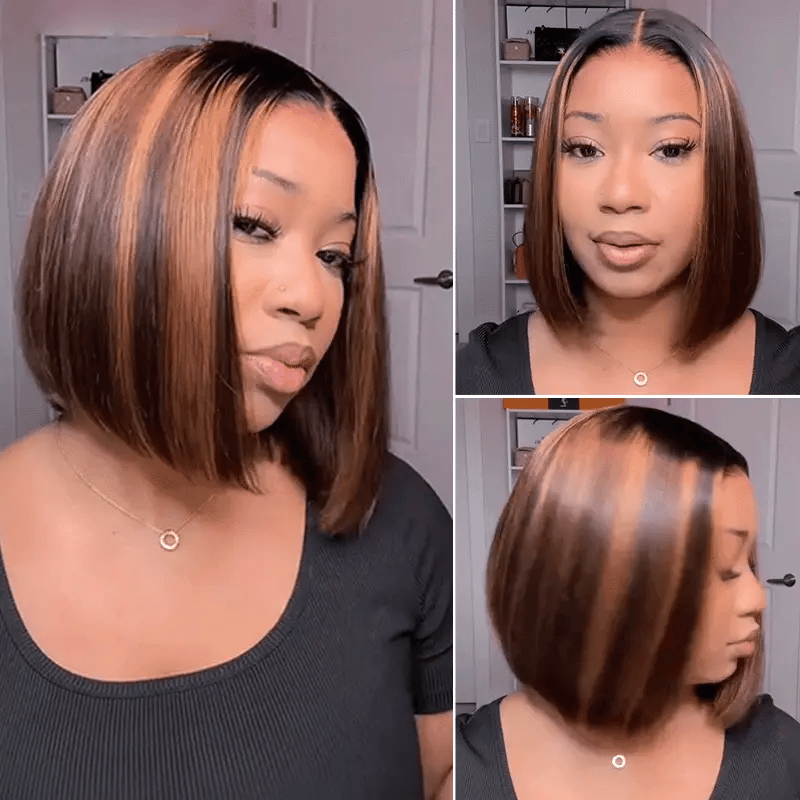 Atikual Highlight Glueless Straight Bob Wig Human Hair 6¡Á5 Pre Cut Lace Wig Bleached Knots