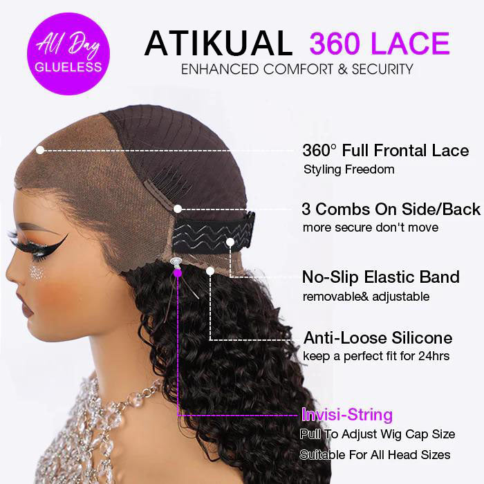 Atikual 4C Curly Edges Hairline Invisi Strap 360 Lace Front Glueless Lace Wig Kinky Curly Human Hair Wig With Super Natural Hairline