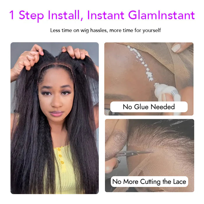Atikual Glueless 4C Kinky Edge Hairline Kinky Straight Human Hair Wigs Pre Cut Lace 360 HD Lace Invisi Strap Frontal Wigs