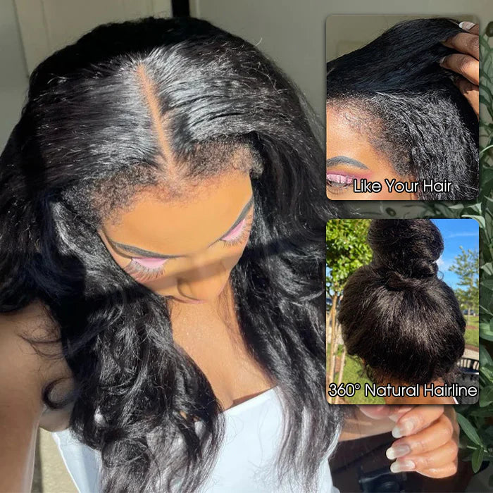 Atikual Glueless 4C Kinky Edge Hairline Kinky Straight Human Hair Wigs Pre Cut Lace 360 HD Lace Invisi Strap Frontal Wigs