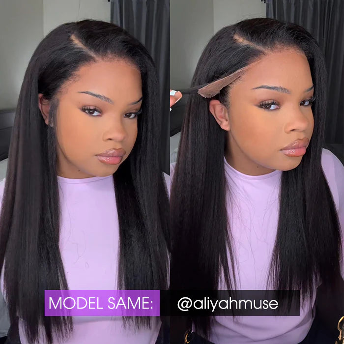 Atikual Glueless 4C Kinky Edge Hairline Kinky Straight Human Hair Wigs Pre Cut Lace 360 HD Lace Invisi Strap Frontal Wigs