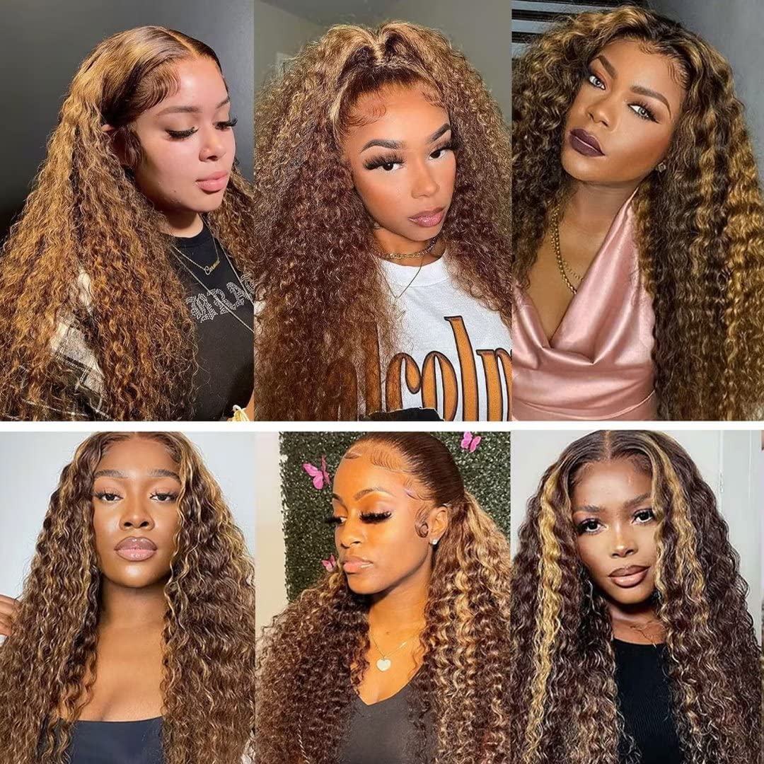 Atikual Ombre Honey Blonde Highlight 13X4 Transparent Lace Front Wigs Human Hair 180 Density P4/27 Water Wave Wigs for Women