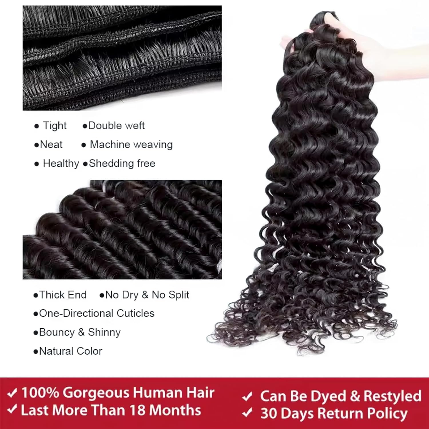 Atikual 12A Unprocessed Brazilian Virgin Deep Wave Human Hair Bundles 4 Pcs Natural Color Deep Curly Quick Weave Hair Extensions for Women