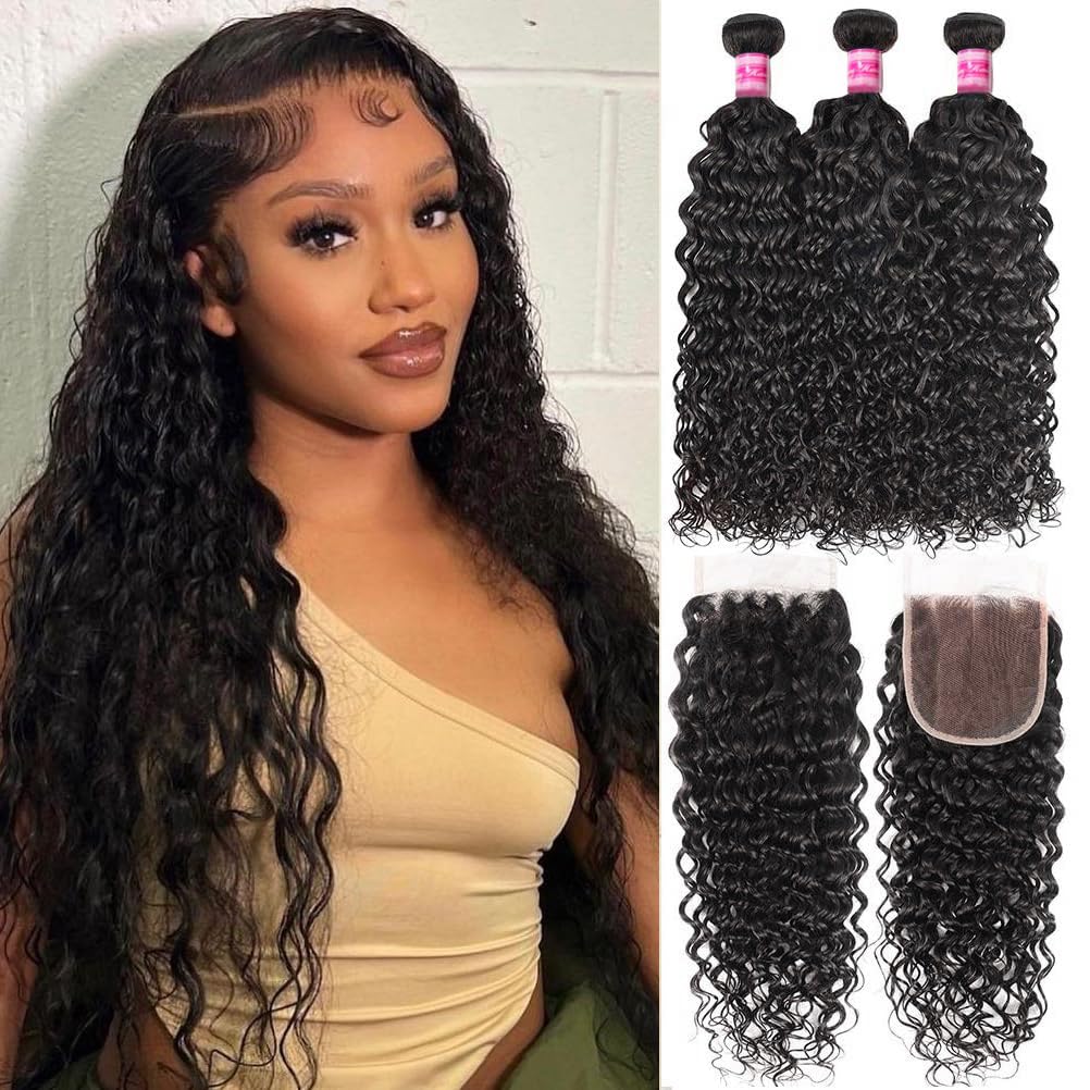 Atikual 3 Bundles With Closure Brazilian Water Wave Human Hair Weave Bundles With 4x4 Lace Closure Natural Color