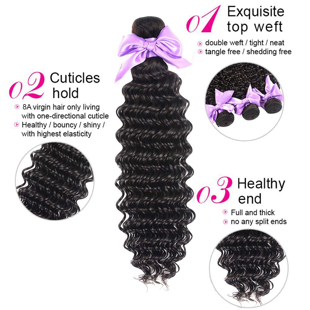 Atikual Brazilian Deep Wave With Frontal Hair 3 Bundles With 13x4 Lace Frontal Deep Curly 100% Virgin Human Hair