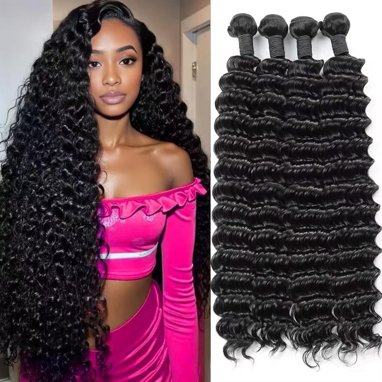 Atikual 12A Unprocessed Brazilian Virgin Deep Wave Human Hair Bundles 4 Pcs Natural Color Deep Curly Quick Weave Hair Extensions for Women