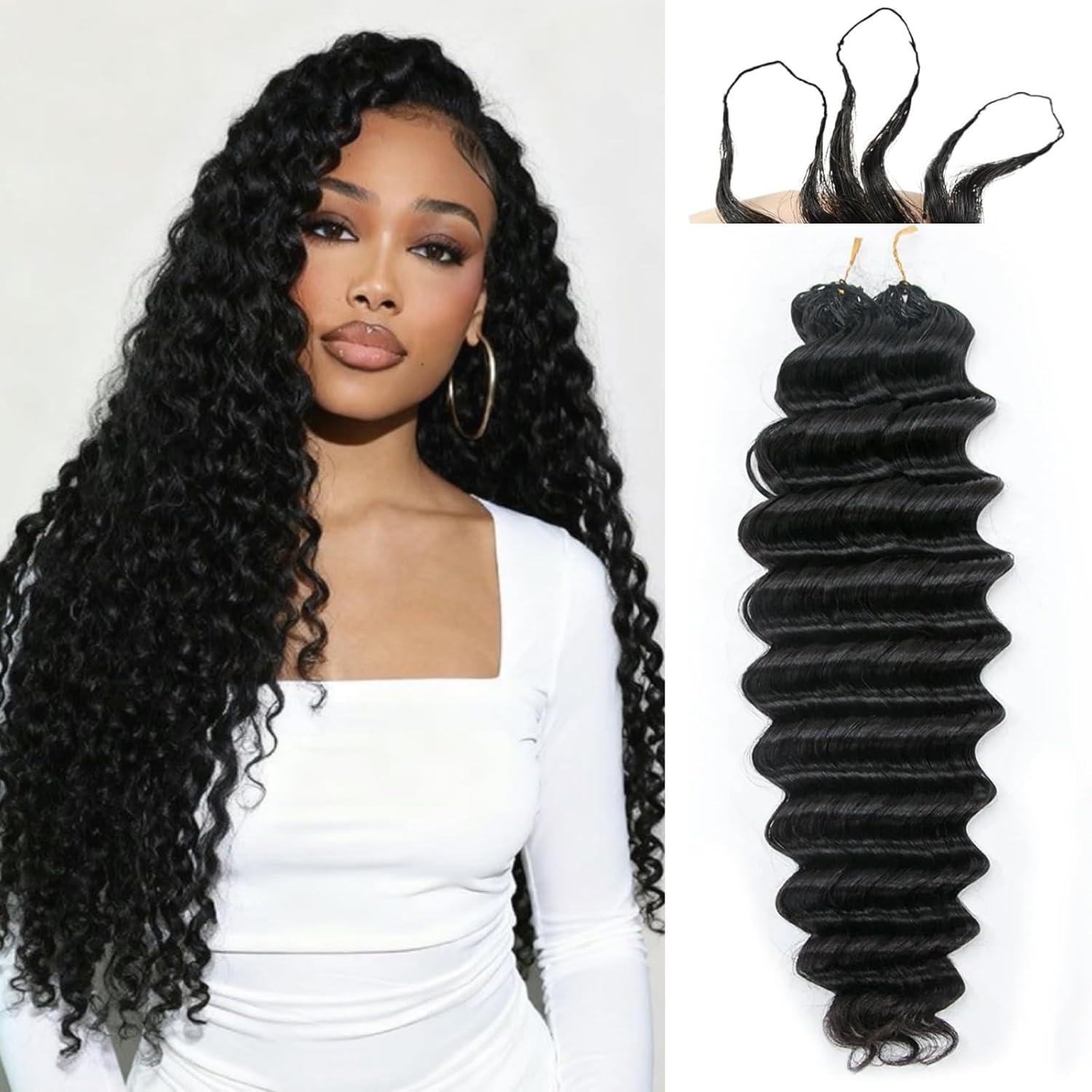 Atikual Deep Wave Soft Seamless Crochet Hair Natural Black Human Hair Extension for Black Women Hair