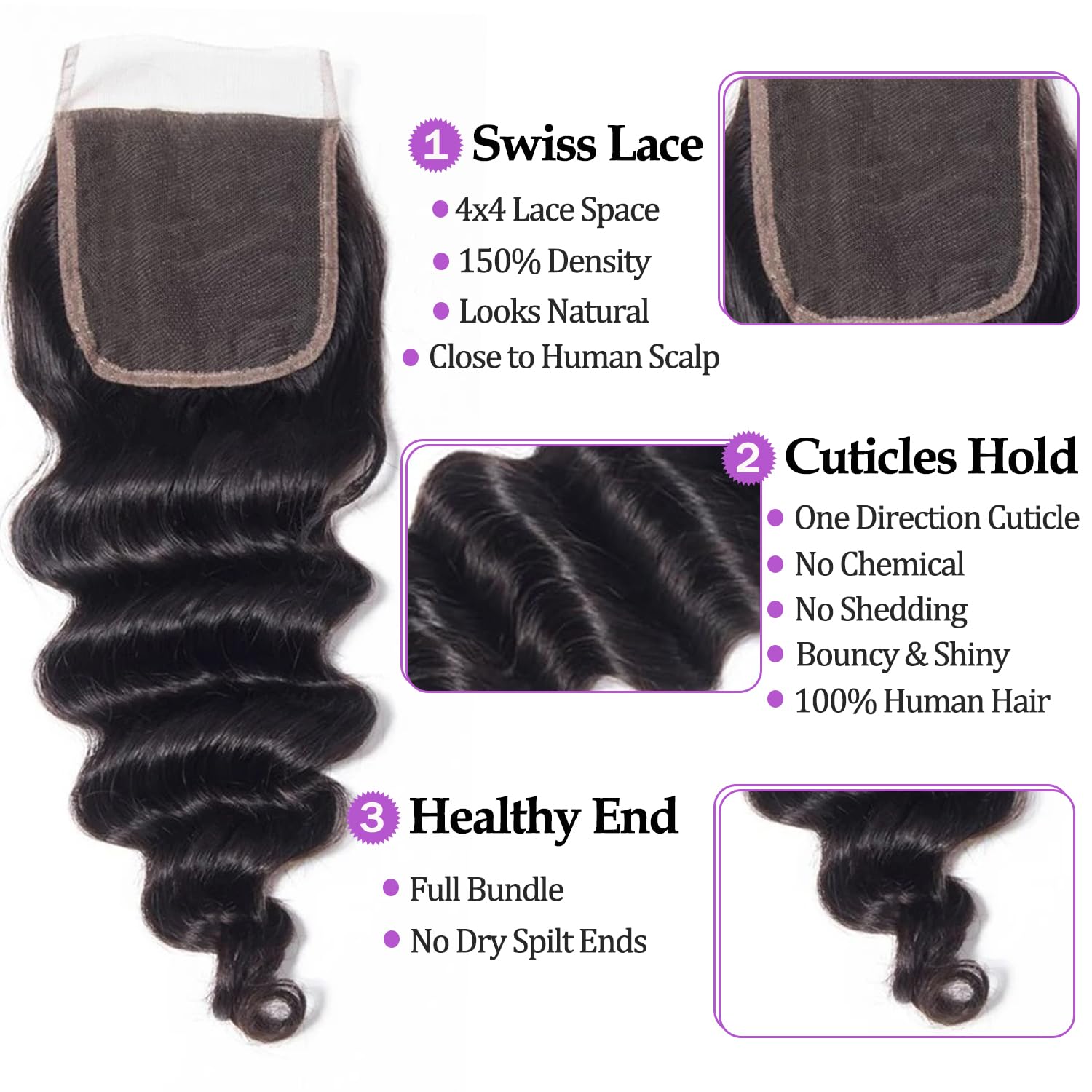 Atikual 3 Bundles Human Hair Weft With Closure Loose Deep Wave Brazilian Hair Weave Bundles With 4x4 Lace Closure