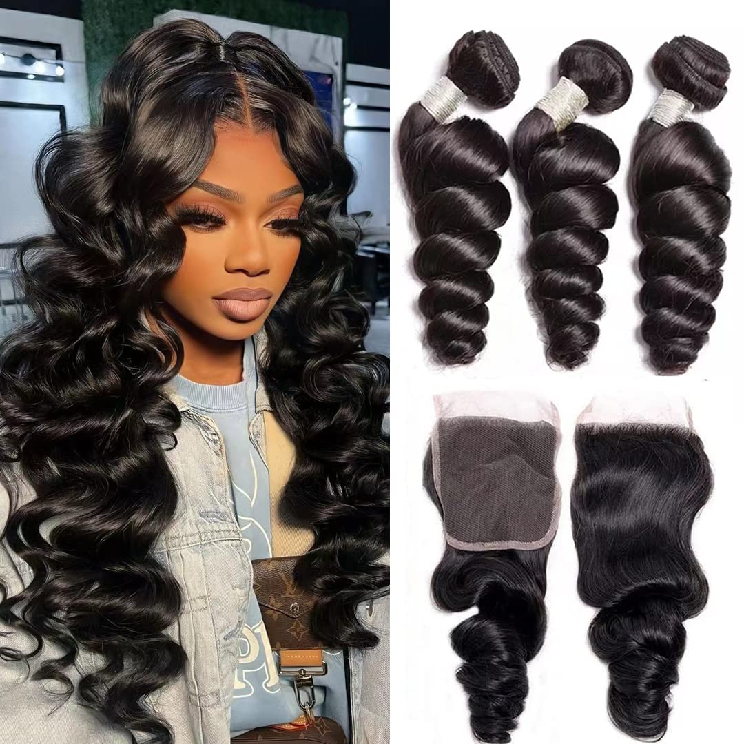 Atikual Loose Wave Bundles with Closure Brazilian Human Hair Unprocessed 3 Bundles with 4x4 Lace Closure Natural Black
