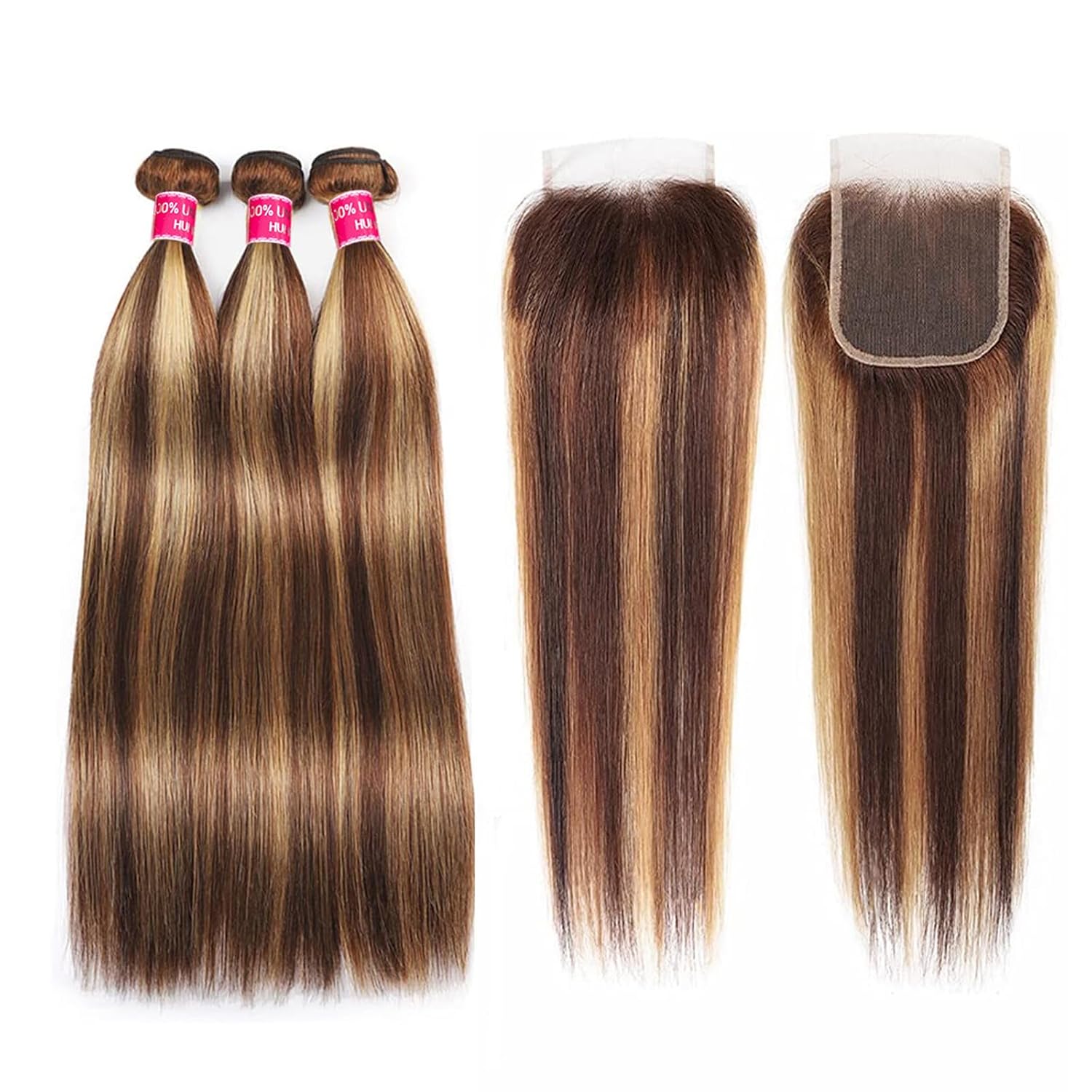 Atikual Highlight Ombre Bundles with Lace Closure Straight P4/27 Brown Blonde Highlight 3 Bundle with 4X4 Free Part Closure Brazilian Human Hair
