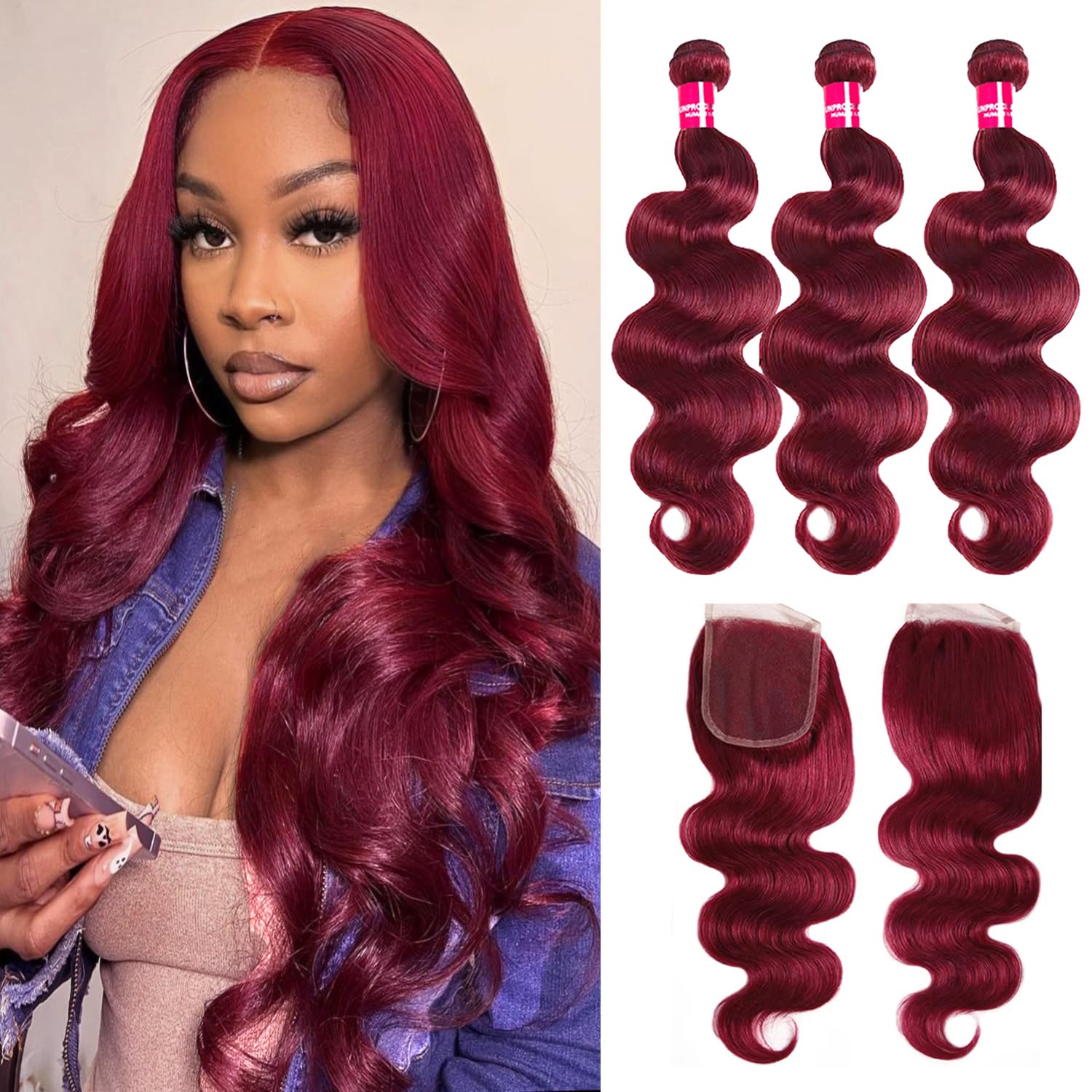Atikual 99J Burgundy Body Wave 3 Hair Bundles With 4x4 Lace Closure Unprocessed Brazilian Human Hair