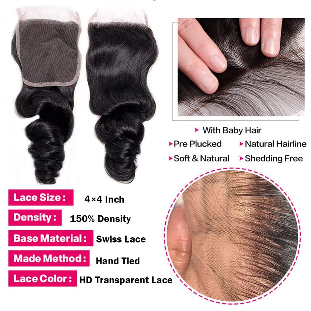 Atikual Loose Wave Bundles with Closure Brazilian Human Hair Unprocessed 3 Bundles with 4x4 Lace Closure Natural Black