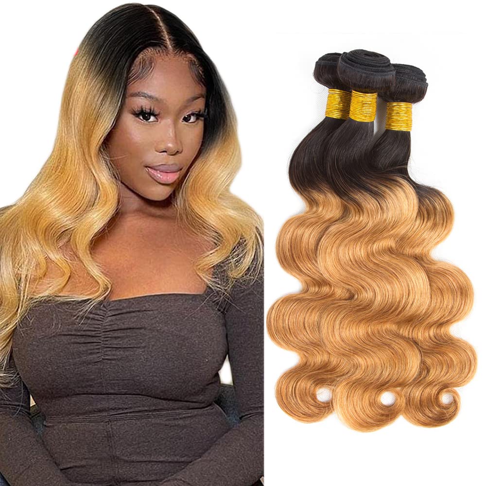 Atikual 1b/27 Human Hair Bundles Ombre Blonde Body Wave Bundle Brazilian Virgin Remy Hair 3 Bundles Double Weft Hair Weave