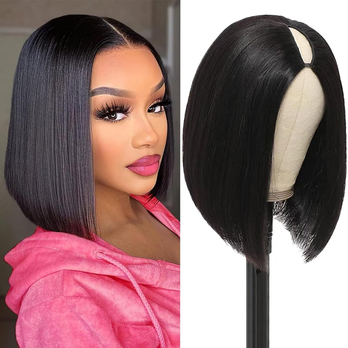 Atikual V Part Bob Wig Short Straight Human Hair Glueless Wigs With Drawstring For Beginner Friendly