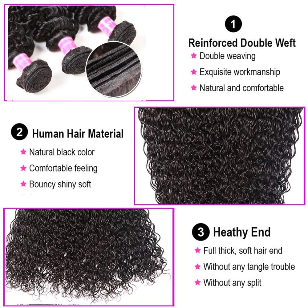 Atikual 3 Bundles With Closure Brazilian Water Wave Human Hair Weave Bundles With 4x4 Lace Closure Natural Color
