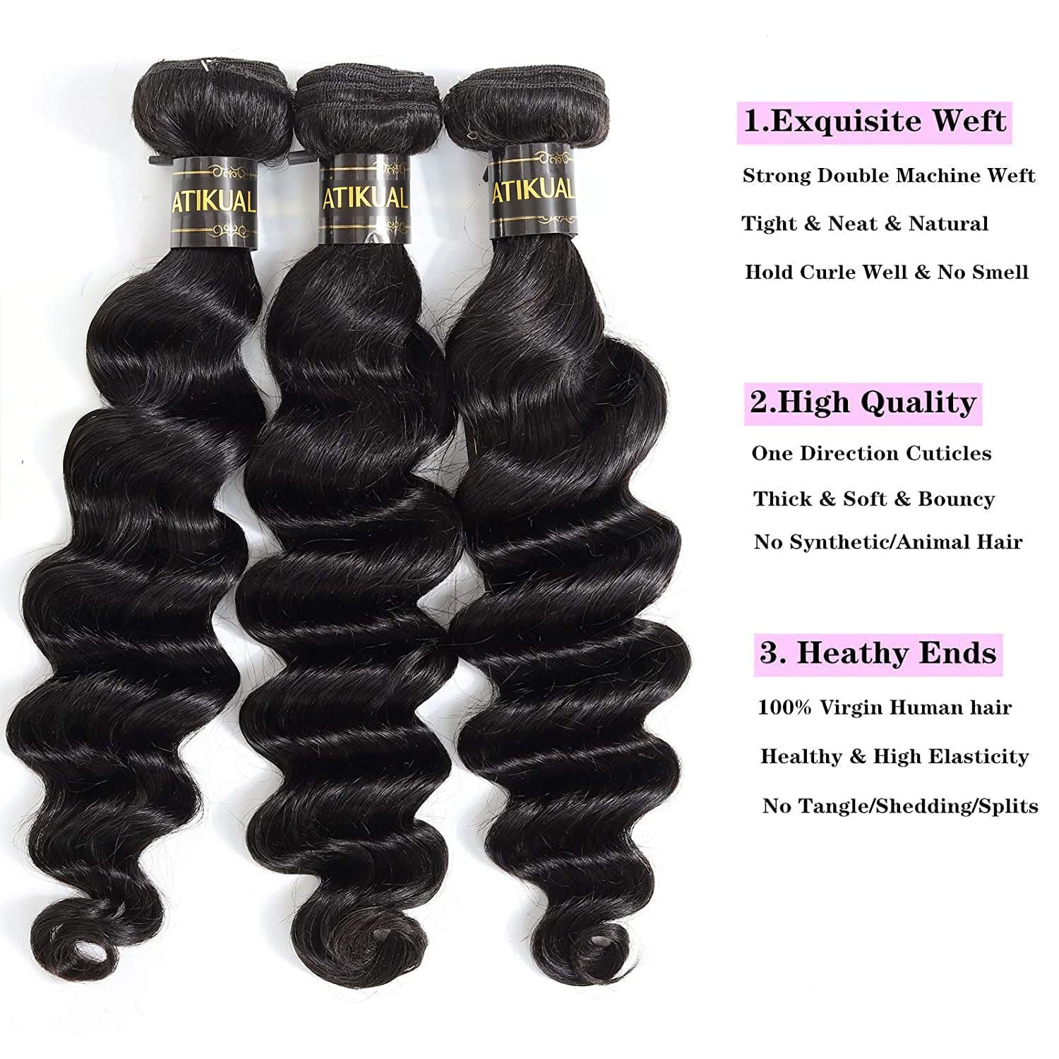 Atikual Loose Deep Wave Virgin Human Hair 3 Bundles with 13x4 HD Transparent Lace Frontal Natural Color