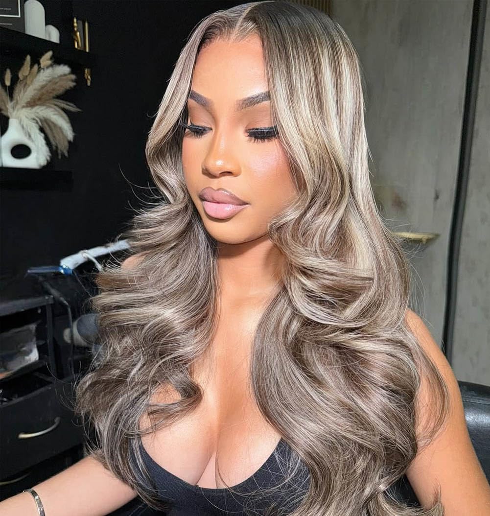 Atikual Ombre Ash Blonde Highlights Lace Front Wig Human Hair Body Wave Ombre Roots Milk Tea with Brown Color Pre Plucked Wigs