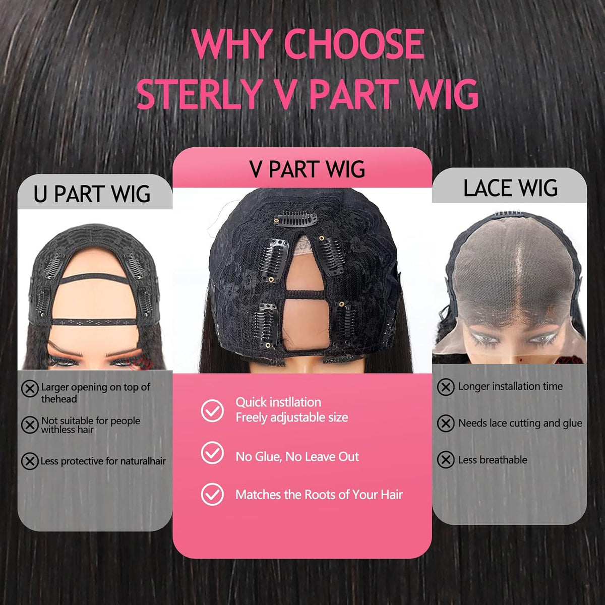 Atikual V Part Bob Wig Short Straight Human Hair Glueless Wigs With Drawstring For Beginner Friendly