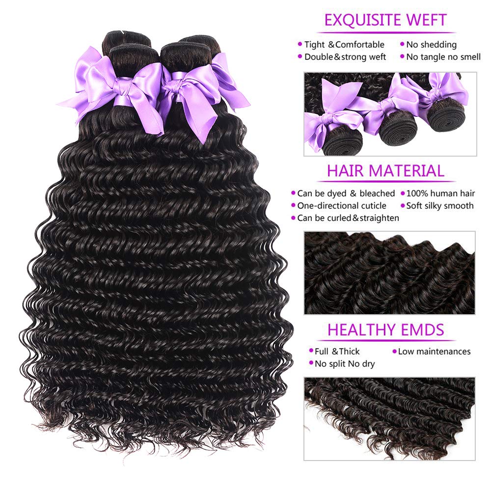 Atikual Brazilian Deep Wave With Frontal Hair 3 Bundles With 13x4 Lace Frontal Deep Curly 100% Virgin Human Hair