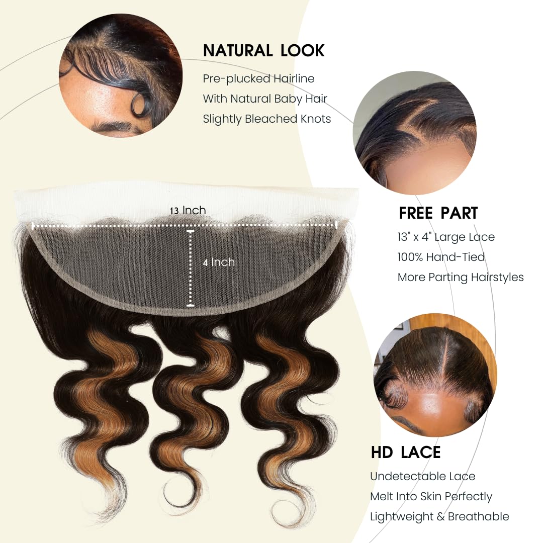 Atikual Brown Highlight 3 Bundles with 13x4 Lace Frontal Human Hair Body Wave Ombre #1b/30 Balayage Bundles with Frontal Free Part 100% Remy Hair