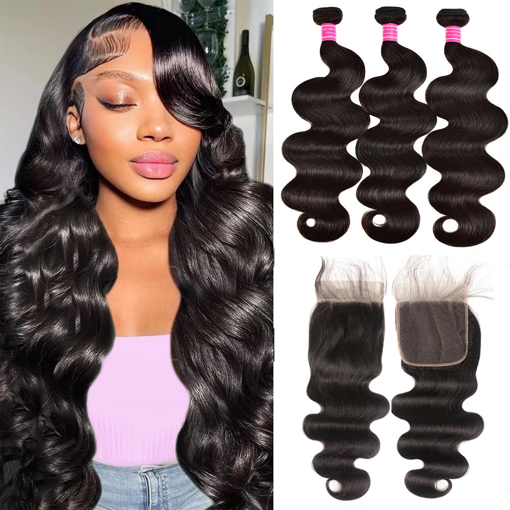 Atikual Brazilian Body Wave Hair 3 Bundles With 4x4 Lace Closure High Quality Brazilian Virgin Hair Human Hair Bundles With Closure