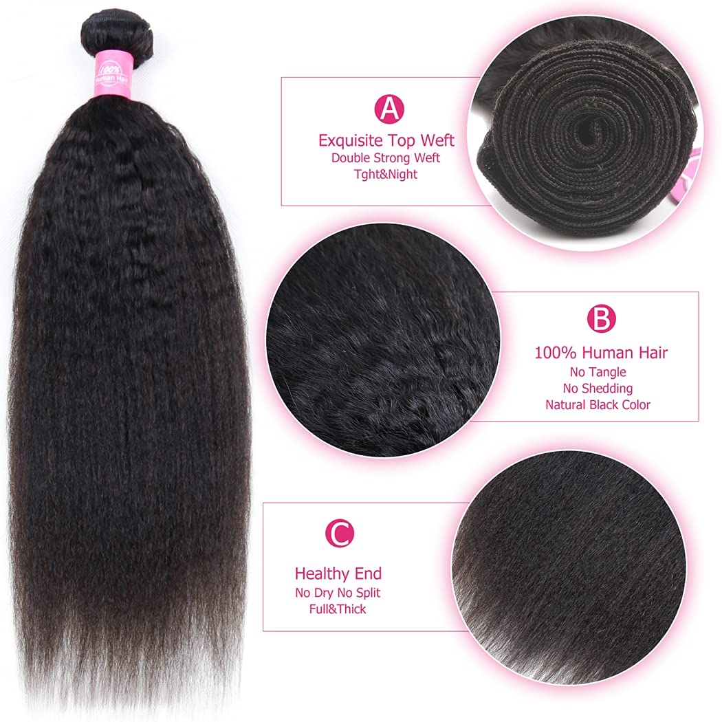 Atikual Kinky Straight Bundles with Closure Brazilian Human Hair Unprocessed Yaki Straight Virgin Hair 3 Bundles with 4x4 Lace Closure Natural Black