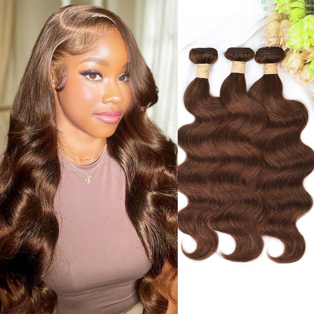 Atikual 4# Chocolate Brown Body Wave Bundles 3Pcs 100% Unprocessed Brazilian Human Hair Extensions