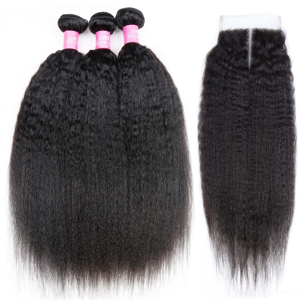 Atikual Kinky Straight Bundles with Closure Brazilian Human Hair Unprocessed Yaki Straight Virgin Hair 3 Bundles with 4x4 Lace Closure Natural Black