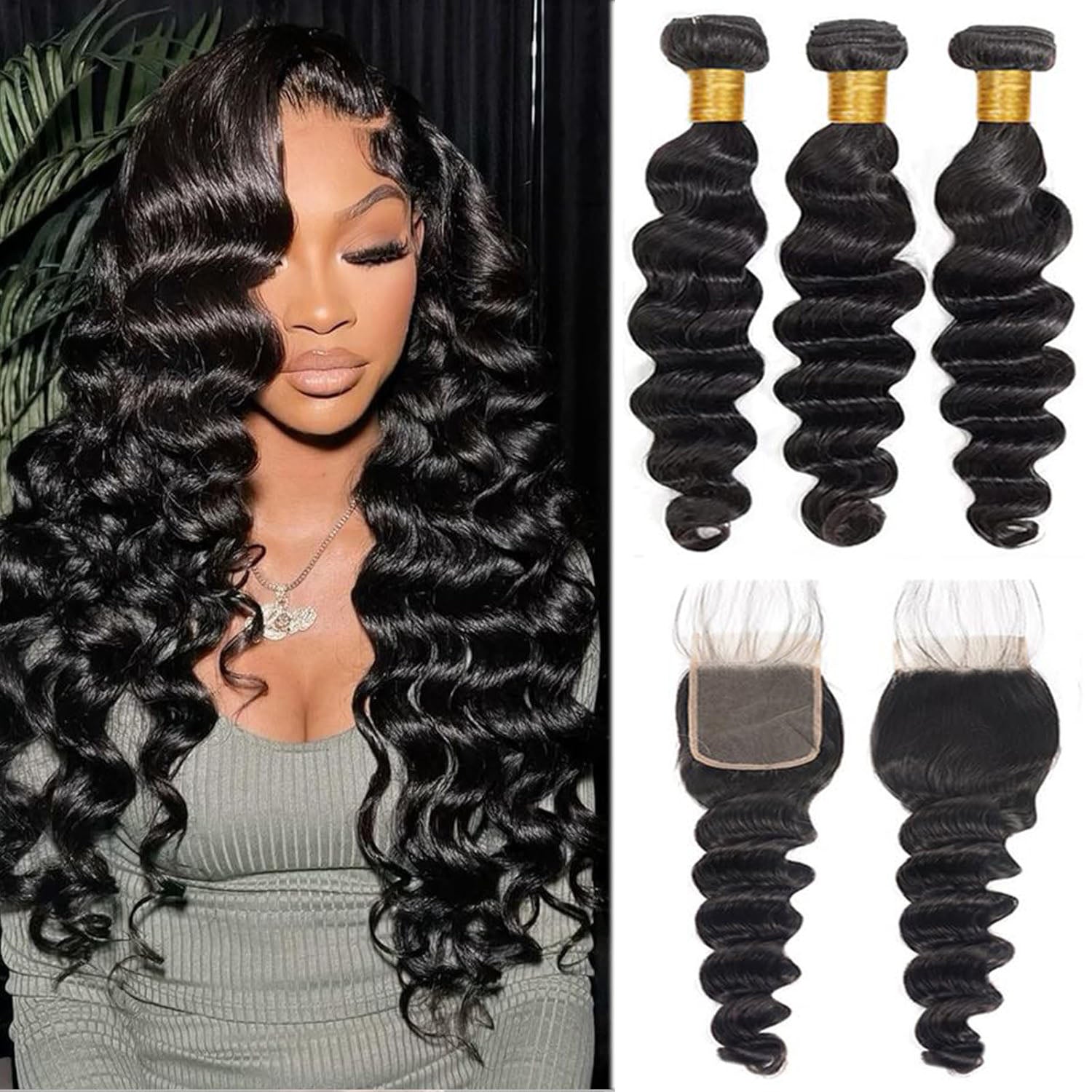Atikual 3 Bundles Human Hair Weft With Closure Loose Deep Wave Brazilian Hair Weave Bundles With 4x4 Lace Closure