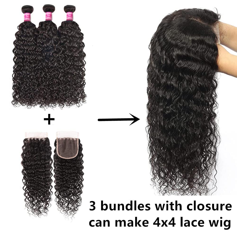 Atikual 3 Bundles With Closure Brazilian Water Wave Human Hair Weave Bundles With 4x4 Lace Closure Natural Color
