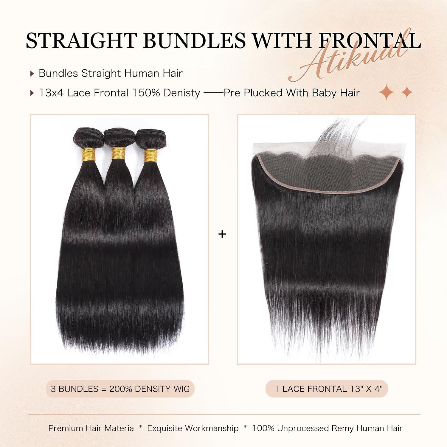 Atikual Long Straight Hair 3 Bundles With 13x4 Lace Frontal 100% Virgin Human Hair