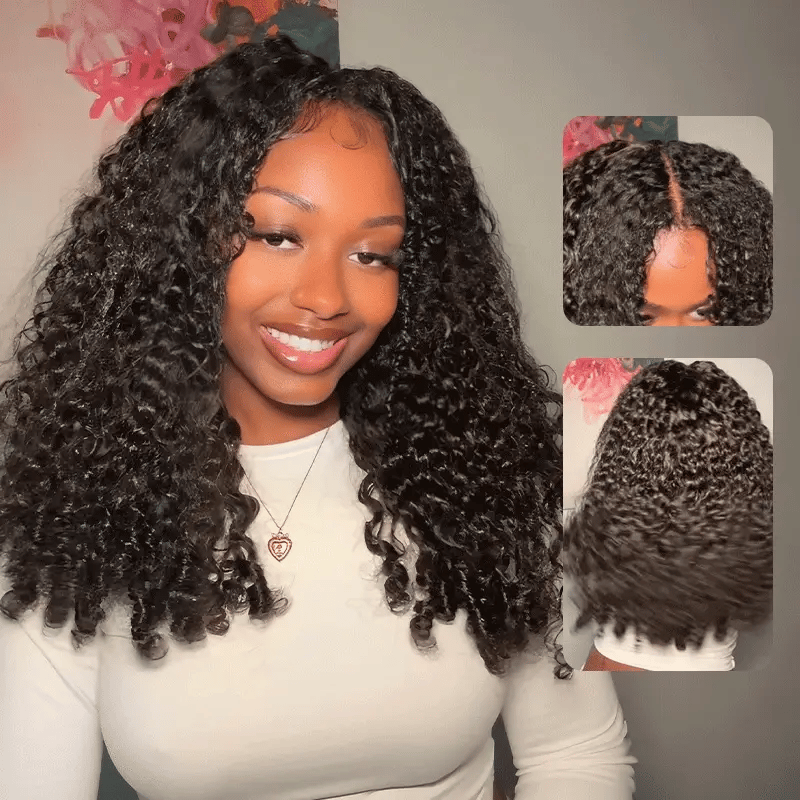 Atikual V Part Burmese Curly Invisi Strap New In Hand Tied 250% Density Wig Human Hair No Leave Out Glueless Wig With Elastic Drawstrings Beginner Friendly