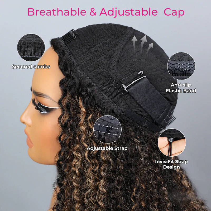 Atikual Wear Go Half Wig 1B/27 Highlight Kinky Curly Half Wig InvisiFit Strap Flip Over Wig Human Hair