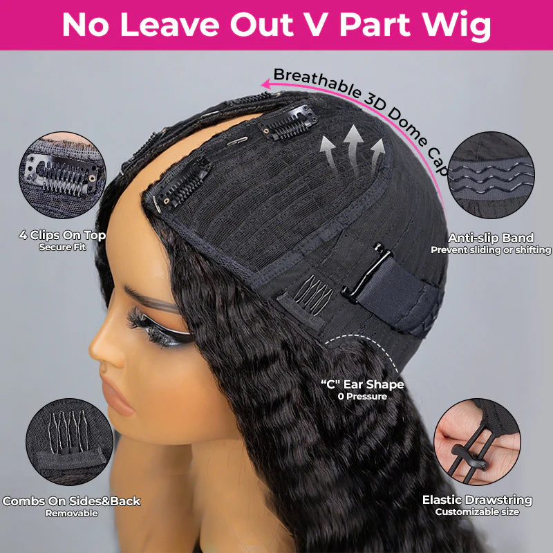 Atikual V Part Straight Wig Human Hair Glueless Wigs Flexible Fit With Drawstring For Beginner Friendly