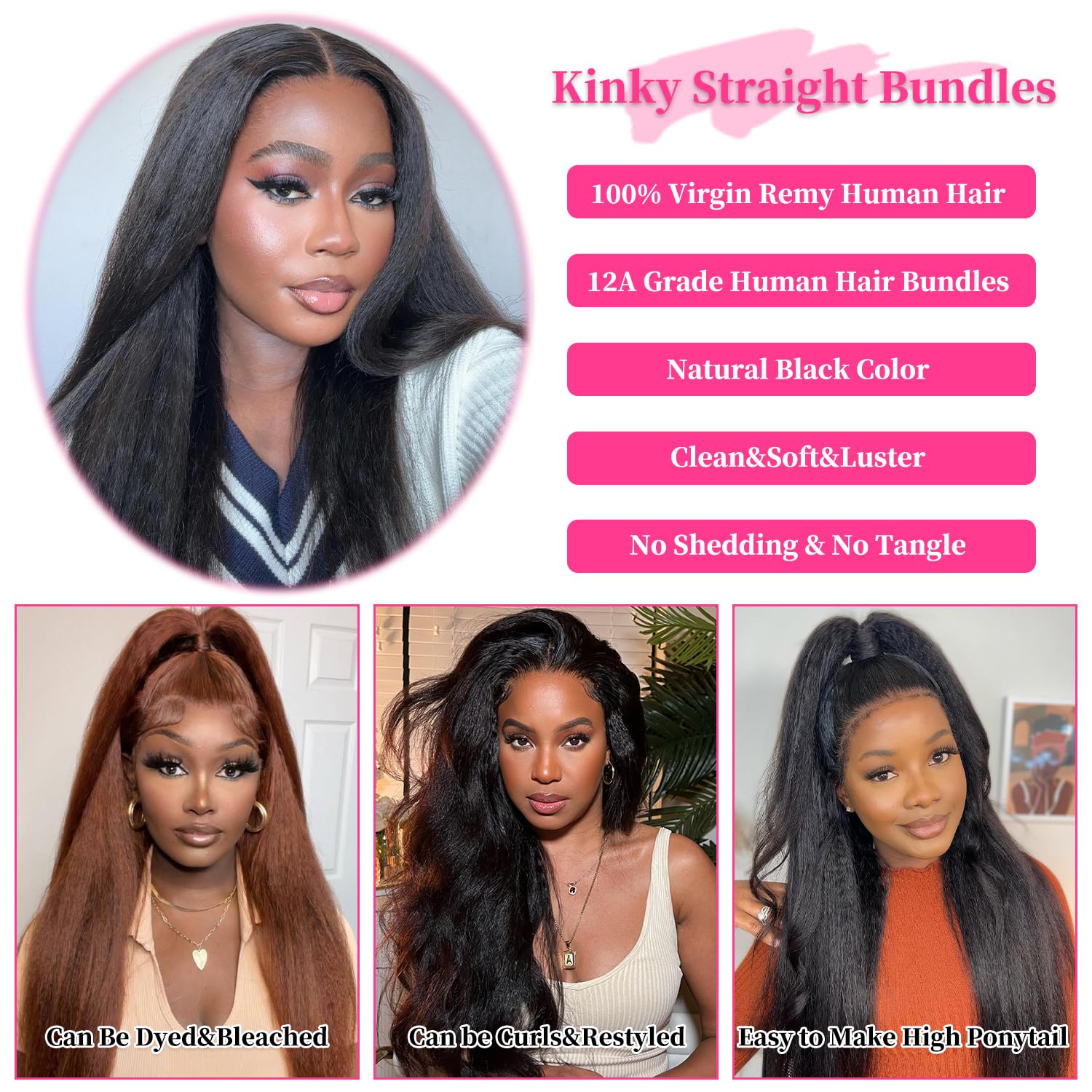 Atikual Kinky Straight Hair Brazilian Virgin Hair 3 Bundles High Quality Virgin Human Hair Yaki Straight Hair