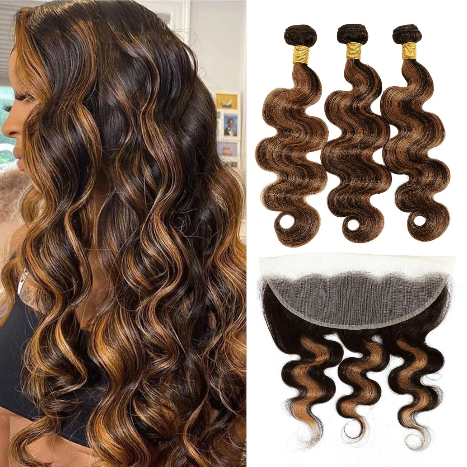 Atikual Brown Highlight 3 Bundles with 13x4 Lace Frontal Human Hair Body Wave Ombre #1b/30 Balayage Bundles with Frontal Free Part 100% Remy Hair