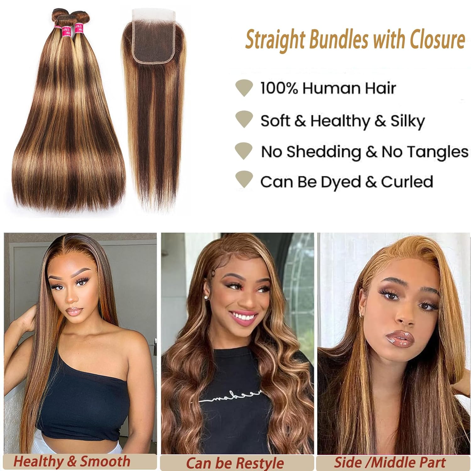 Atikual Highlight Ombre Bundles with Lace Closure Straight P4/27 Brown Blonde Highlight 3 Bundle with 4X4 Free Part Closure Brazilian Human Hair