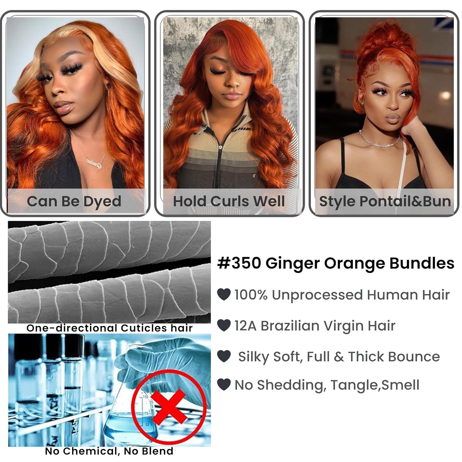 Atikual #350 Ginger Orange 3 Bundles with Frontal Body Wave Human Hair Sew In Weave 12A 100% Brazilian Virgin Remy Hair Copper Bundles and 13x4 Frontal