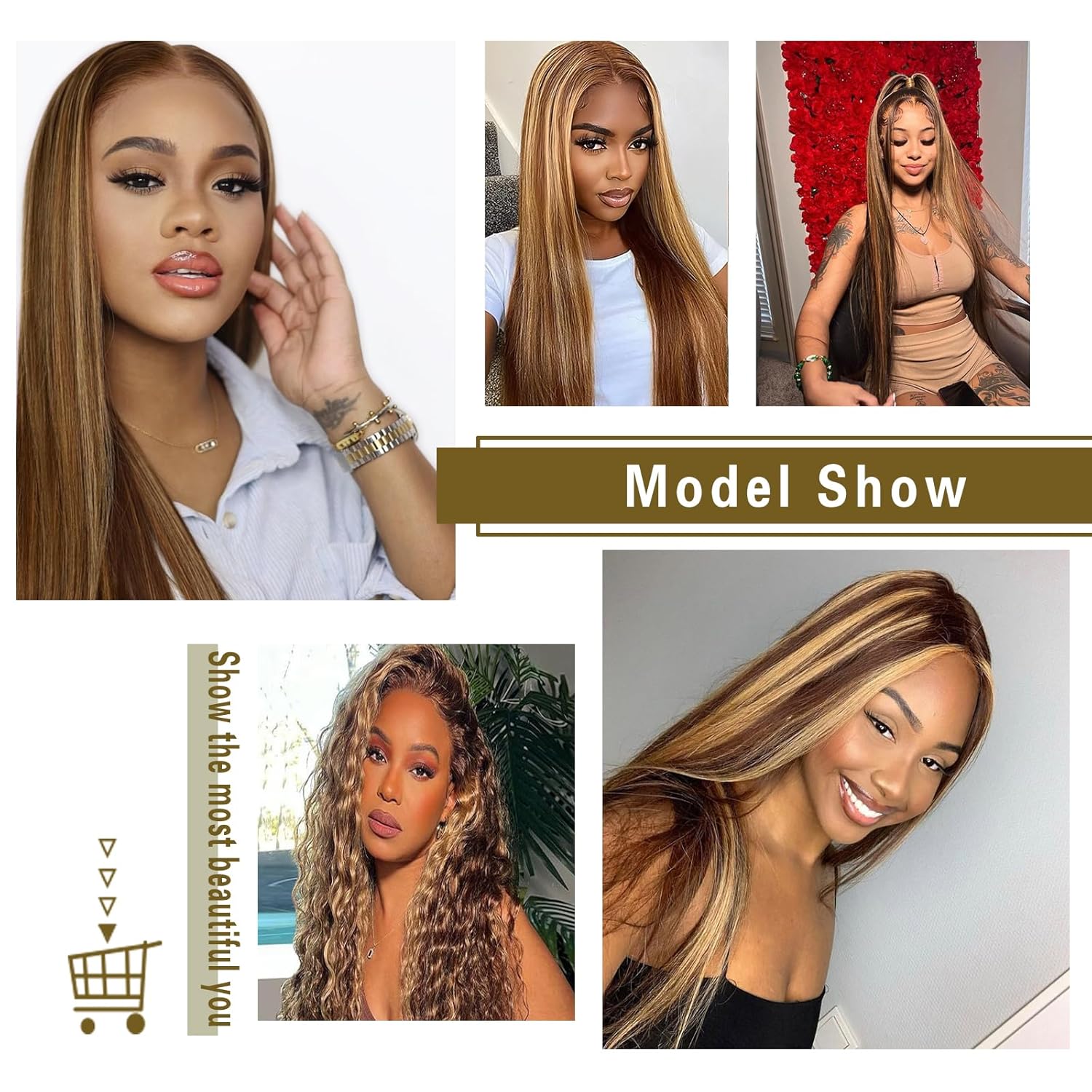 Atikual Highlight Ombre Bundles with Lace Closure Straight P4/27 Brown Blonde Highlight 3 Bundle with 4X4 Free Part Closure Brazilian Human Hair