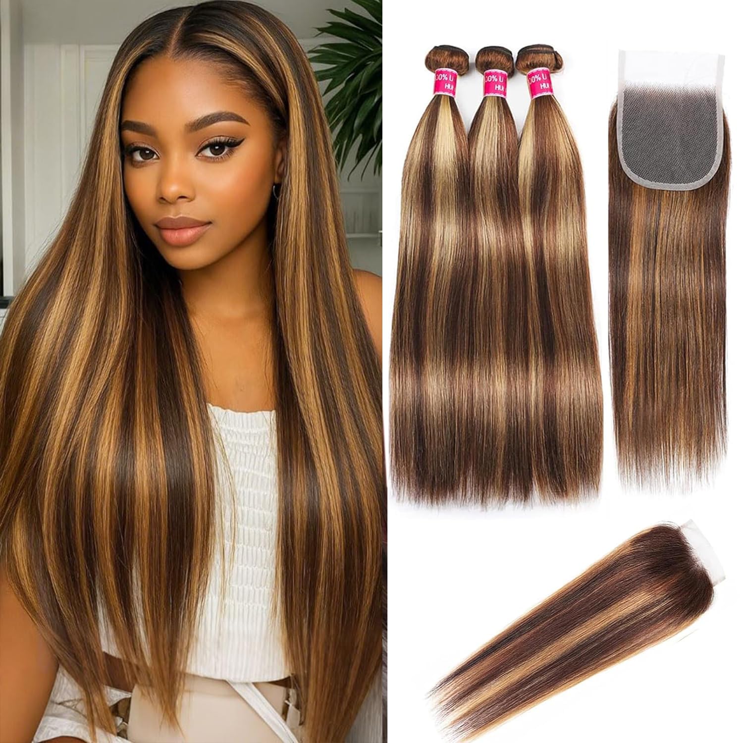 Atikual Highlight Ombre Bundles with Lace Closure Straight P4/27 Brown Blonde Highlight 3 Bundle with 4X4 Free Part Closure Brazilian Human Hair