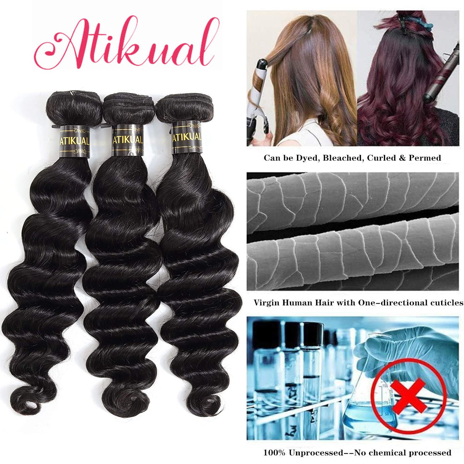 Atikual Loose Deep Wave Virgin Human Hair 3 Bundles with 13x4 HD Transparent Lace Frontal Natural Color