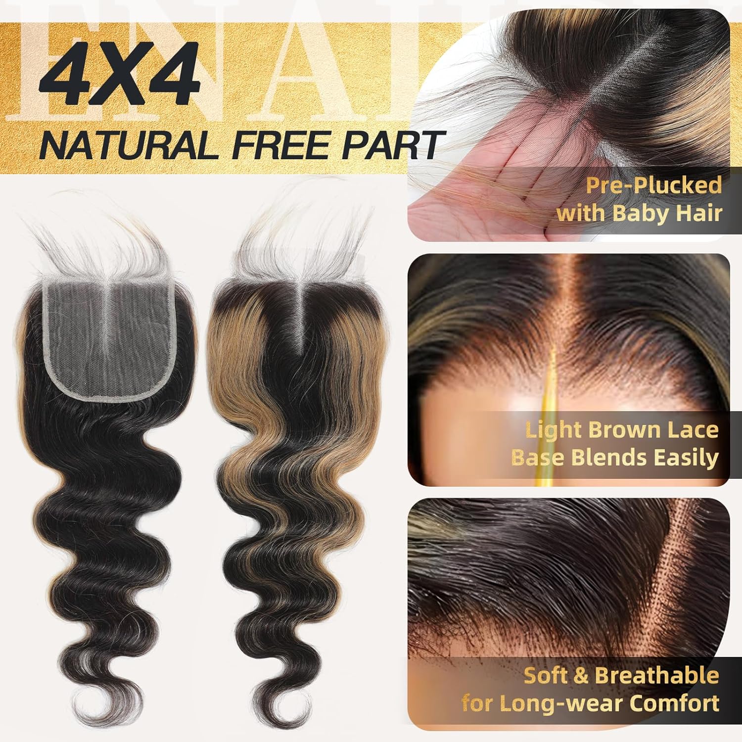 Atikual Honey Blonde Highlight Body Wave Bundles with Closure 3 Highlighted Bundles with 4x4 Closure Human Hair Sew In Weaves Brazilian Virgin Remy Hair
