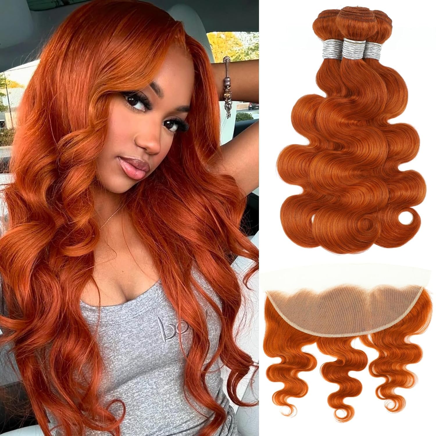 Atikual #350 Ginger Orange 3 Bundles with Frontal Body Wave Human Hair Sew In Weave 12A 100% Brazilian Virgin Remy Hair Copper Bundles and 13x4 Frontal