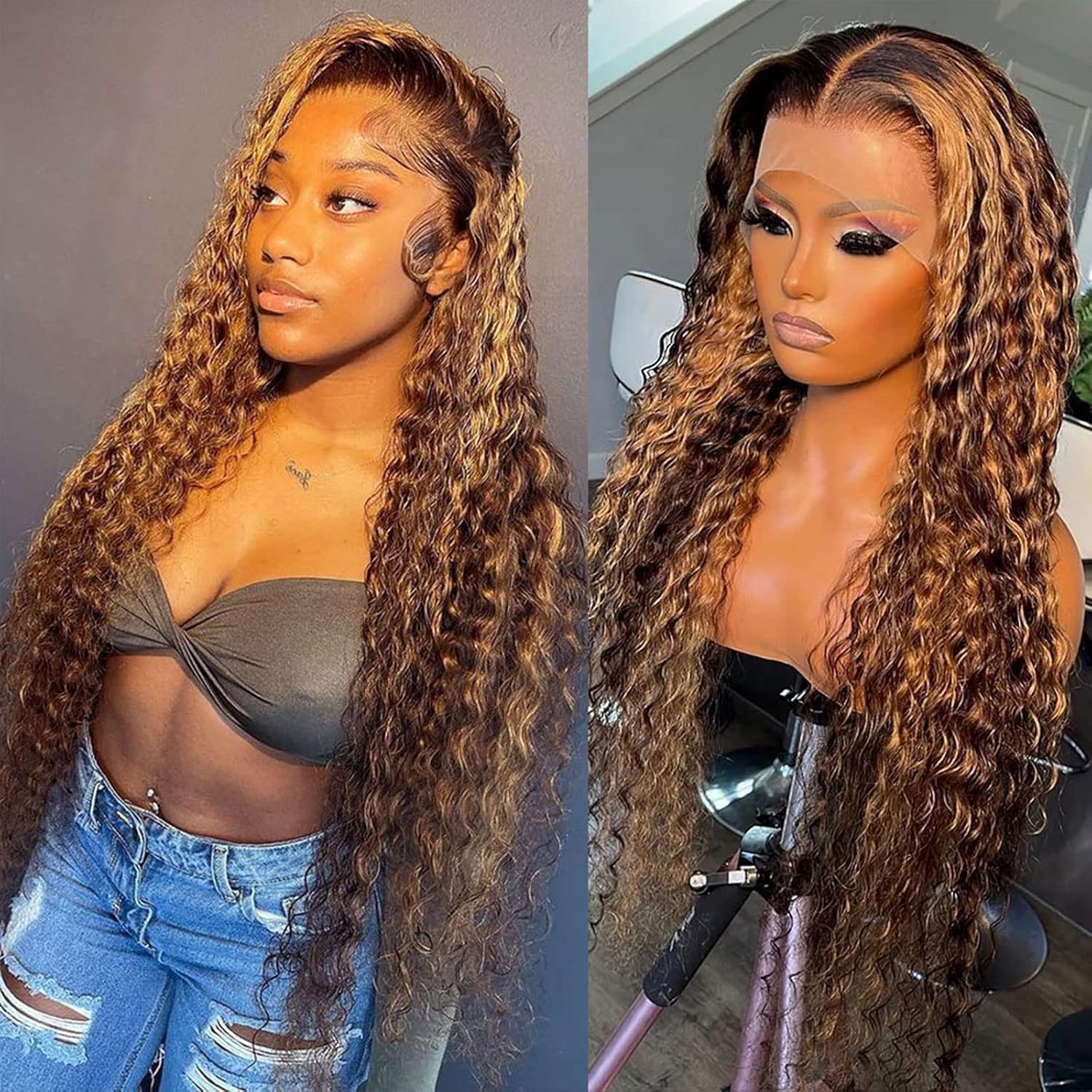 Atikual Ombre Honey Blonde Highlight 13X4 Transparent Lace Front Wigs Human Hair 180 Density P4/27 Water Wave Wigs for Women