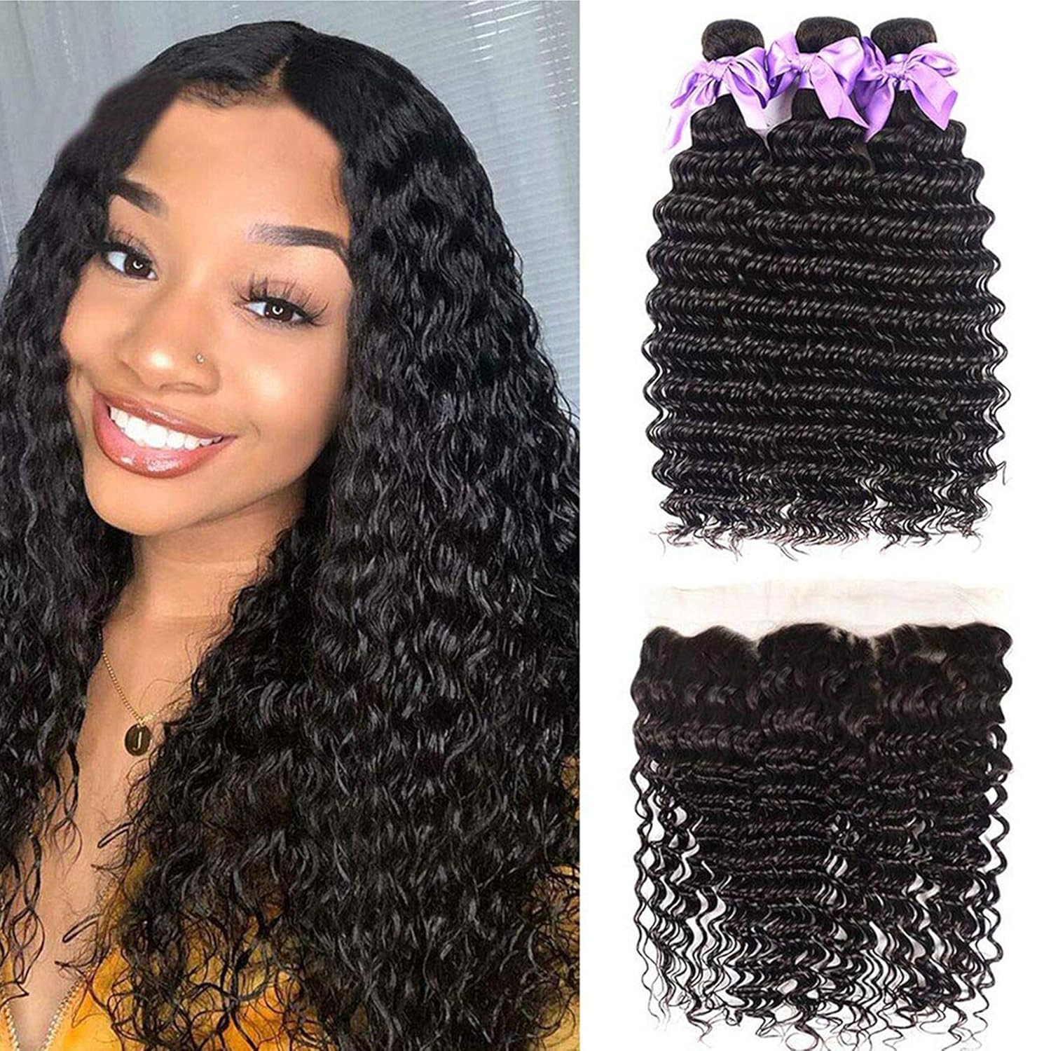 Atikual Brazilian Deep Wave With Frontal Hair 3 Bundles With 13x4 Lace Frontal Deep Curly 100% Virgin Human Hair